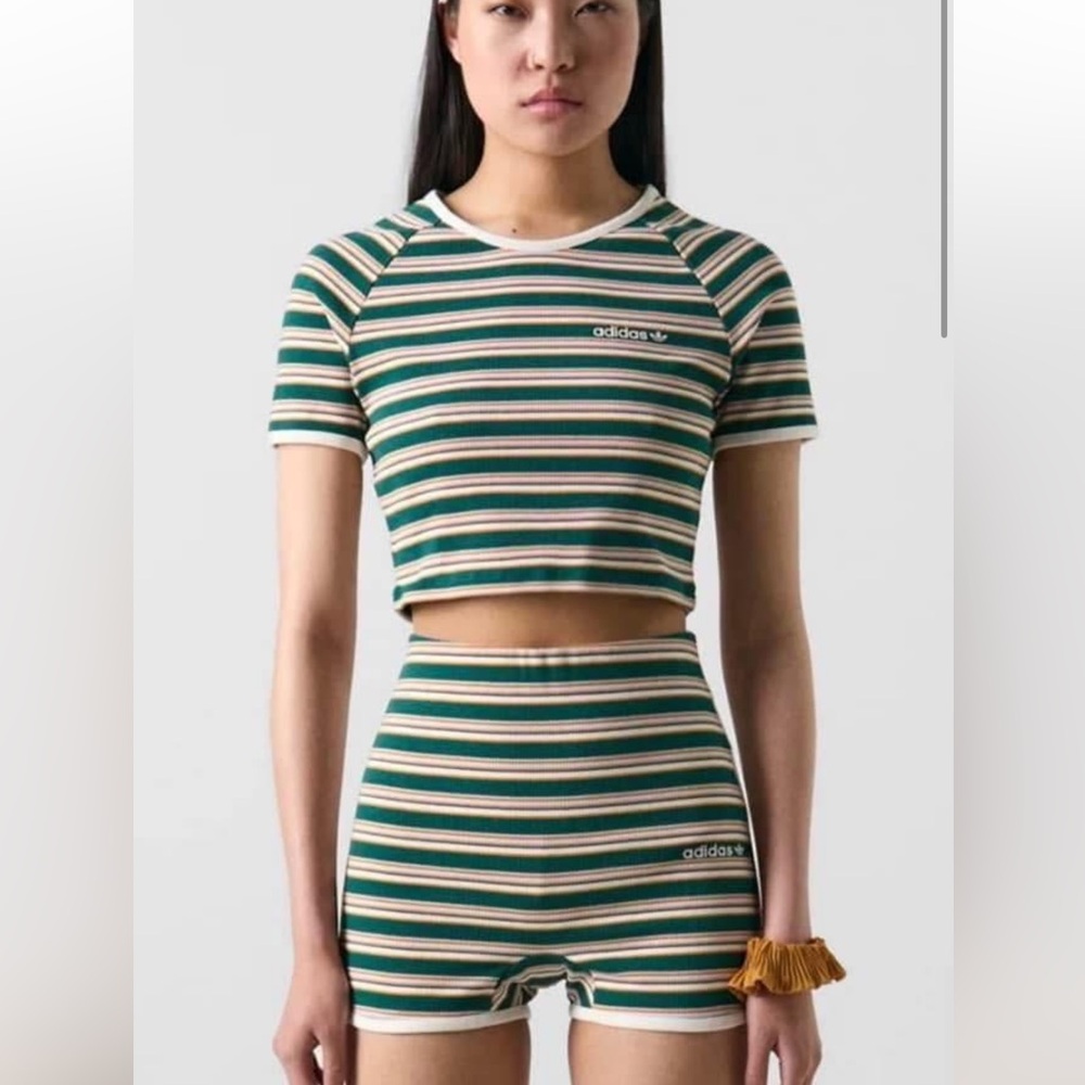 adidas Originals Green White Yellow Striped Crop Top and High-Waist Shorts Set